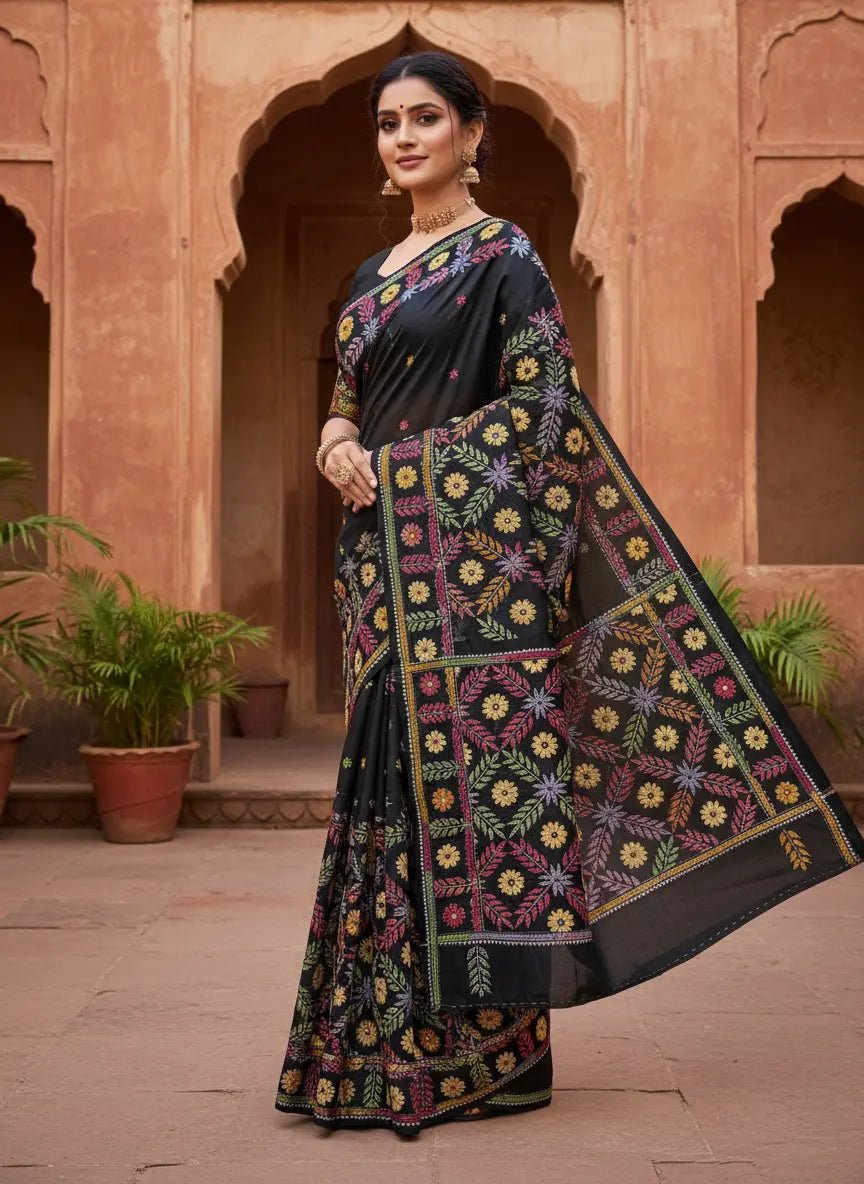 Bangalore Silk Handcrafted Black Kantha - Stitch Saree - Kantha.store
