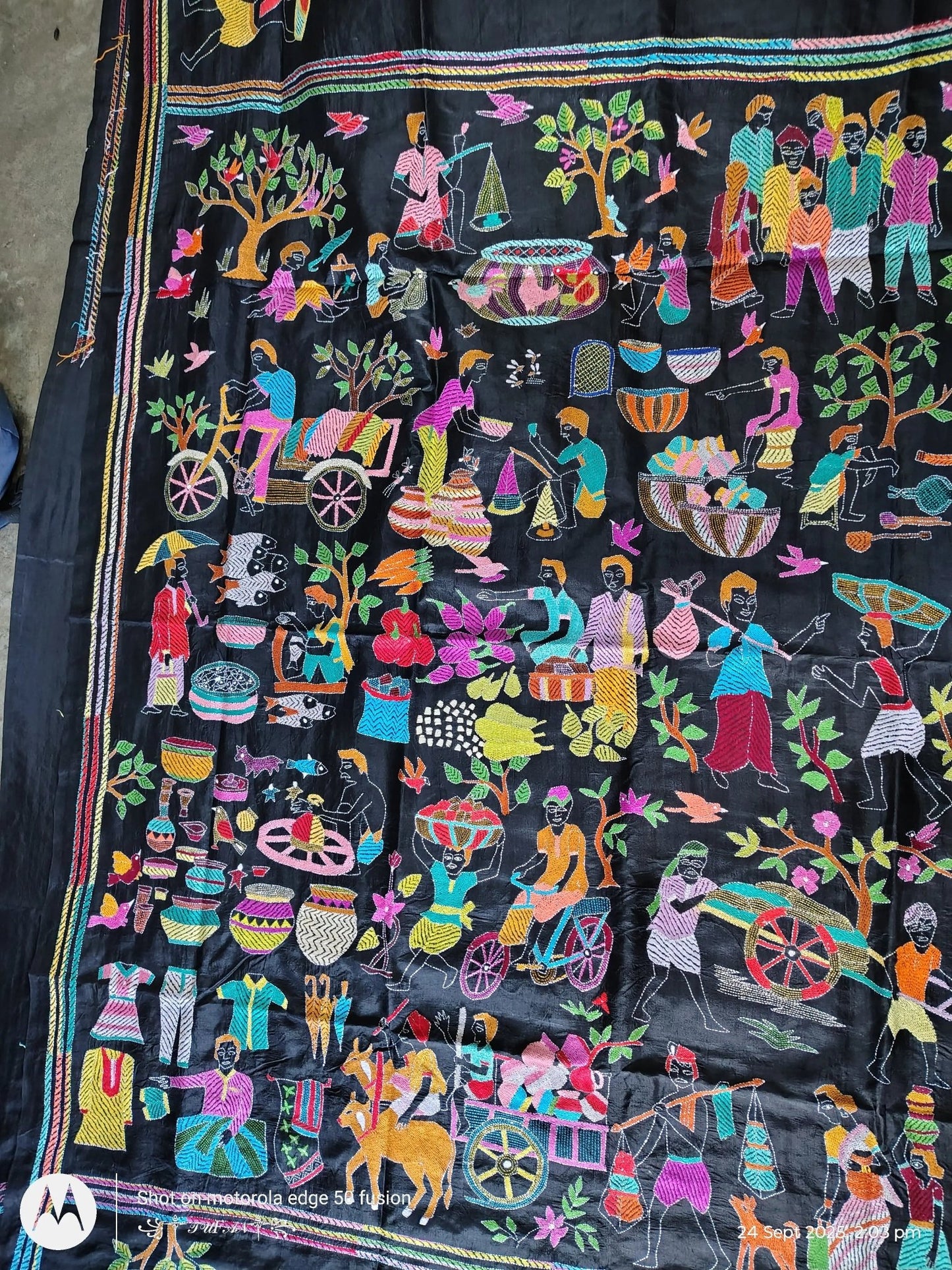 Bangalore Silk Multicolor Kantha Stitch Figar Saree - Kantha.store