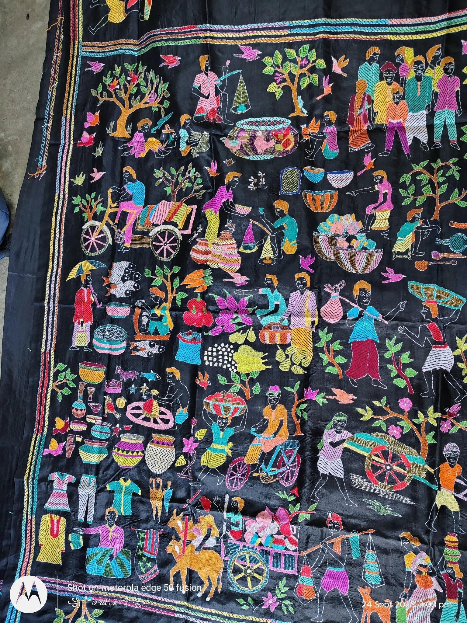 Bangalore Silk Multicolor Kantha Stitch Figar Saree - Kantha.store