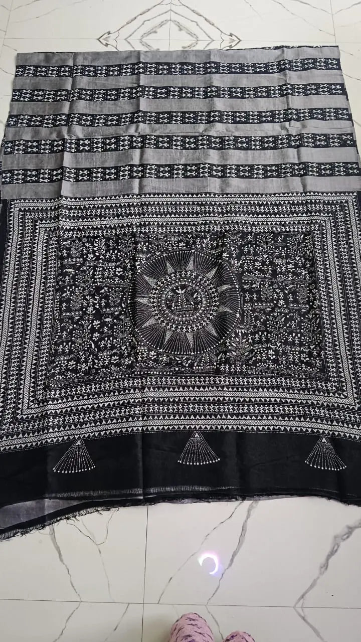Black & White Kantha Stitch Cotton Saree - Kantha.store
