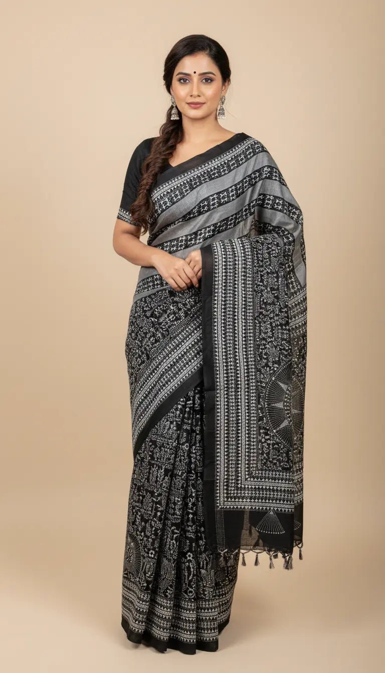 Black & White Kantha Stitch Cotton Saree - Kantha.store