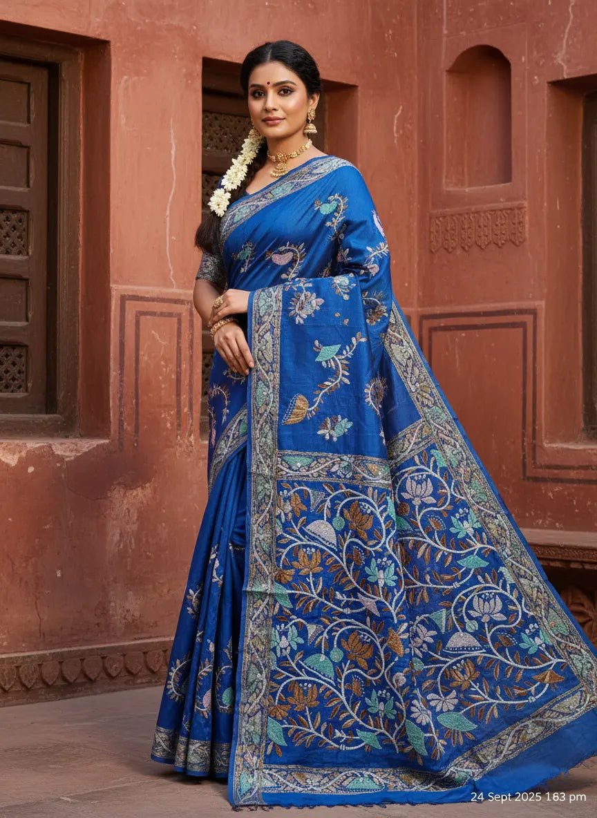 Dupion Silk Kantha Stitch Blue Floral Saree - Kantha.store