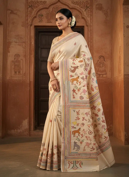 Gachi Tussar Kantha Stitch Saree - Kantha.store