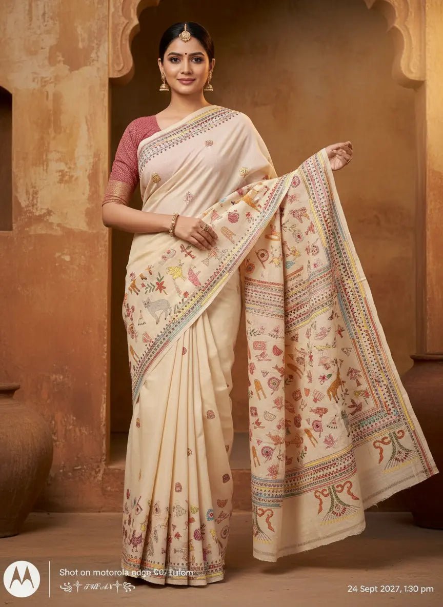 Gachi Tussar Kantha Stitch Saree - Kantha.store