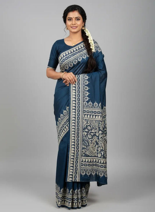 Handcrafted Navy Blue Kantha Stitch Saree - Kantha.store