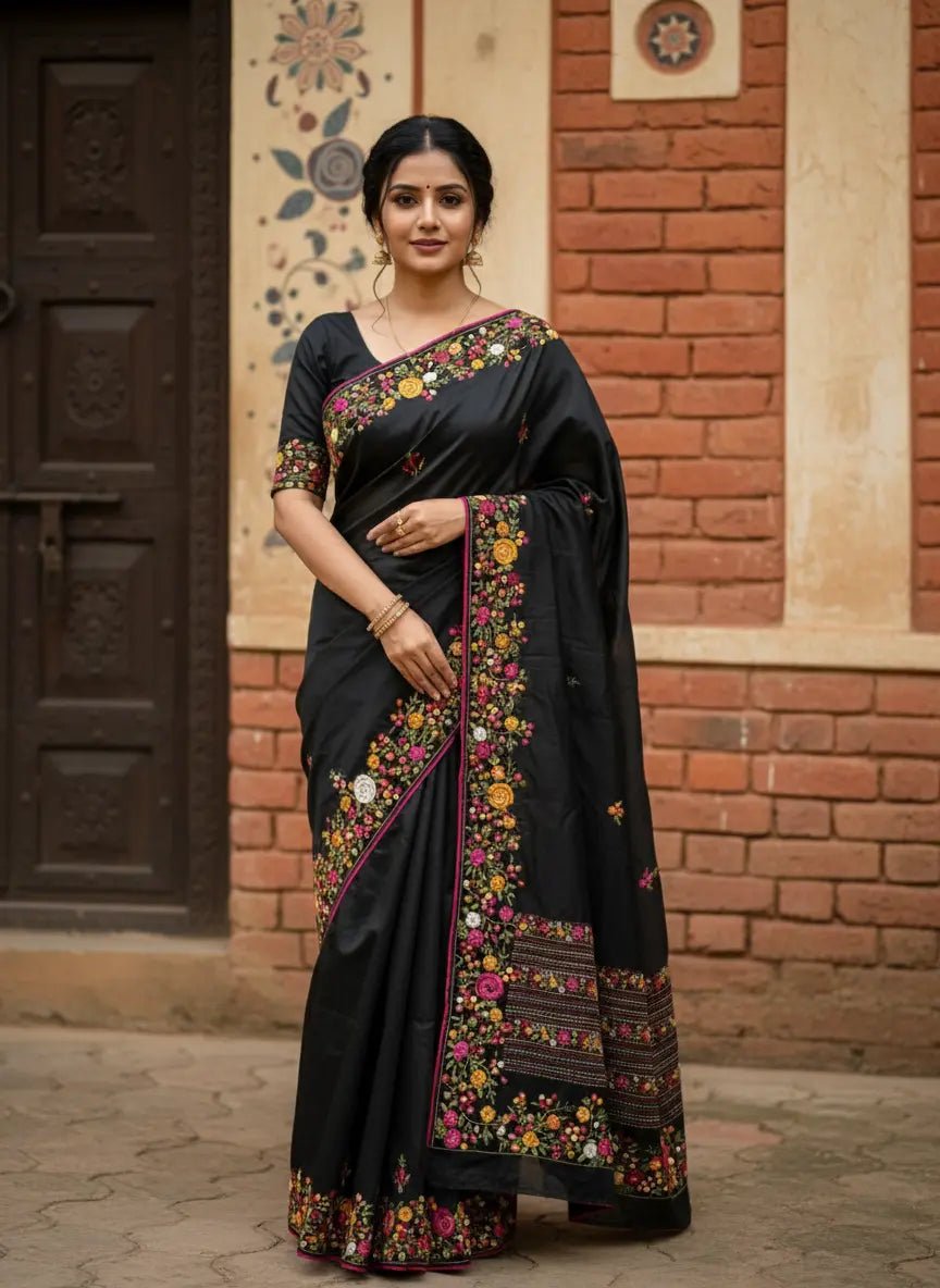 Handcrafted Pure Silk Bulian Parsi Kantha Saree with Blouse Piece - Kantha.store