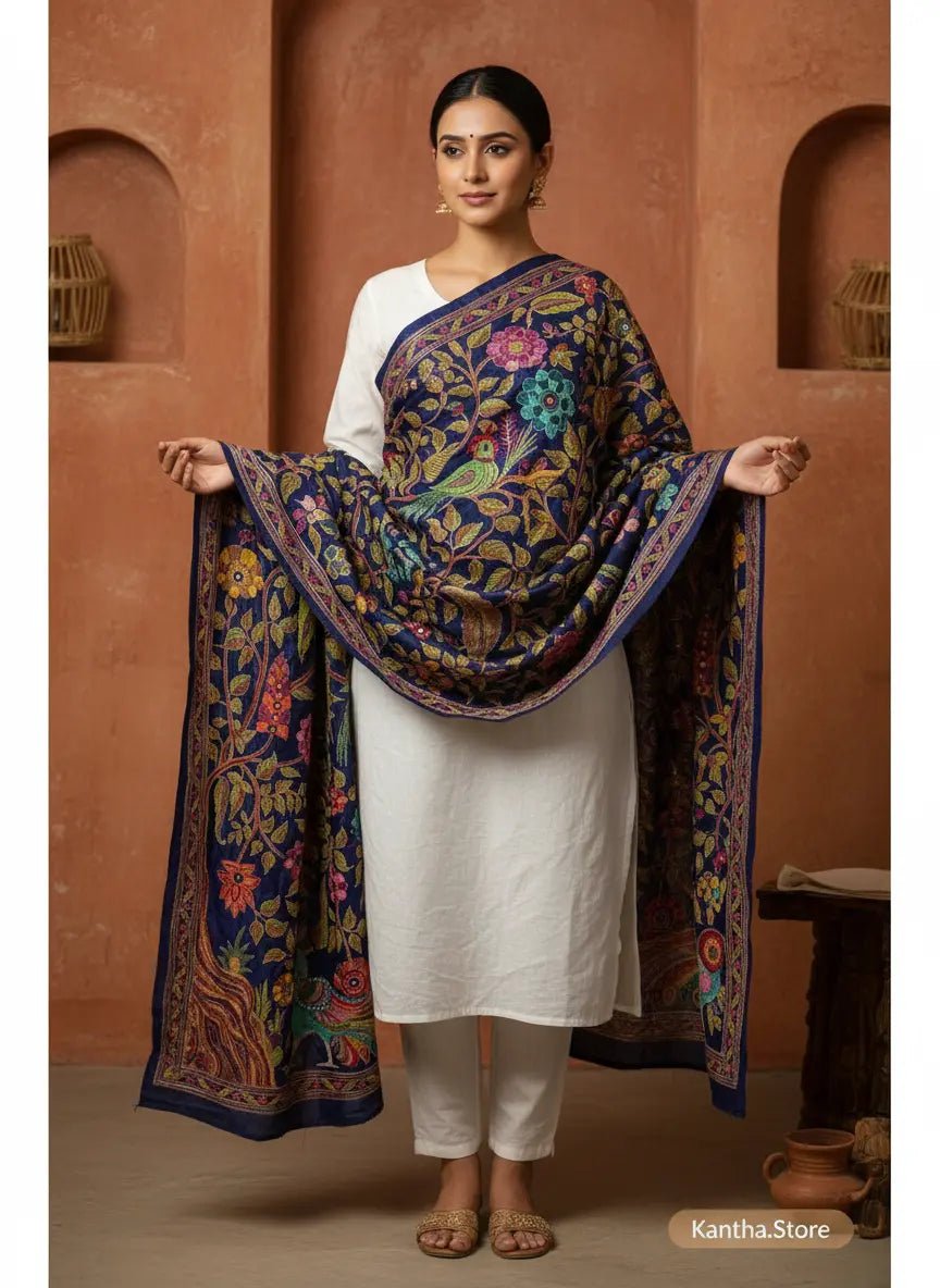 Handcrafted Pure Silk Kantha Dupatta - Kantha.store