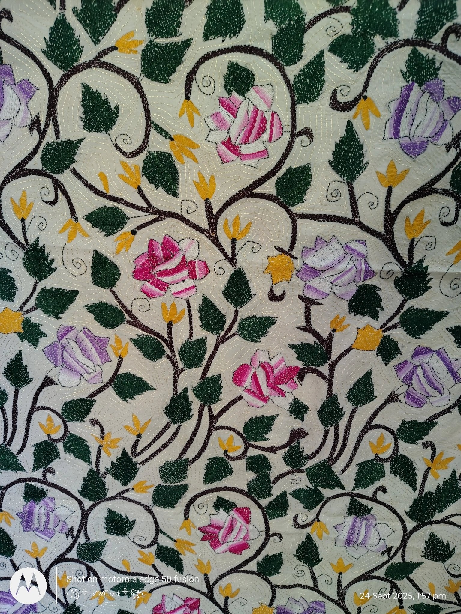 Handcrafted Tussar Kantha Off White Dupatta - Kantha.store