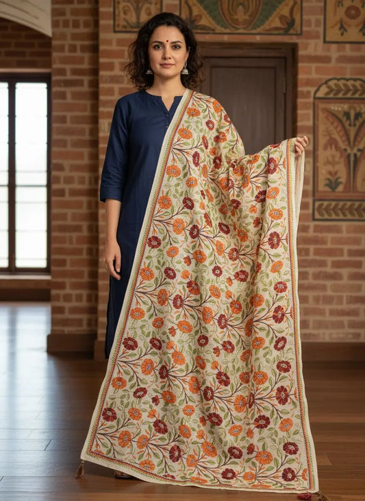 Handcrafted Tussar Kantha Stitch Flower Dupatta - Kantha.store