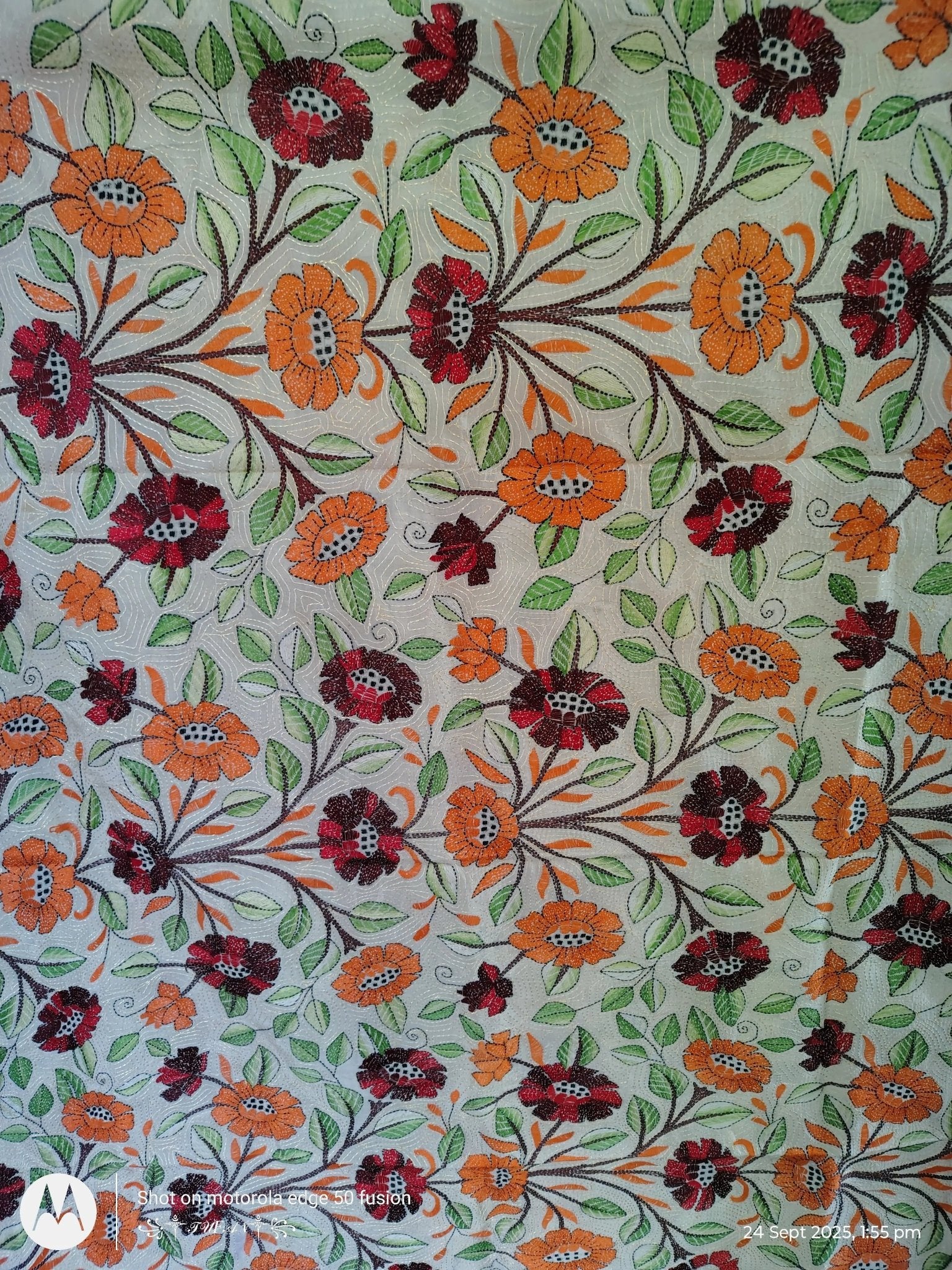 Handcrafted Tussar Kantha Stitch Flower Dupatta - Kantha.store