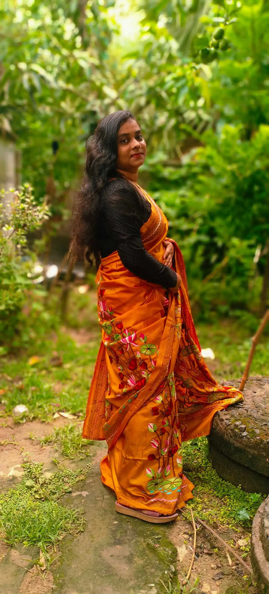 Swarnalata Pure Silk Kantha Saree — Mustard Orange with Lotus Embroidery