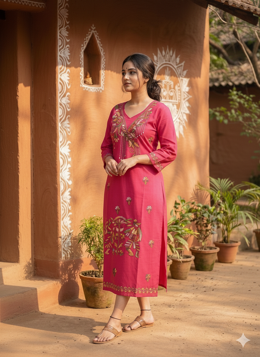 Pure Cotton Pink Kantha Stitch Kurta
