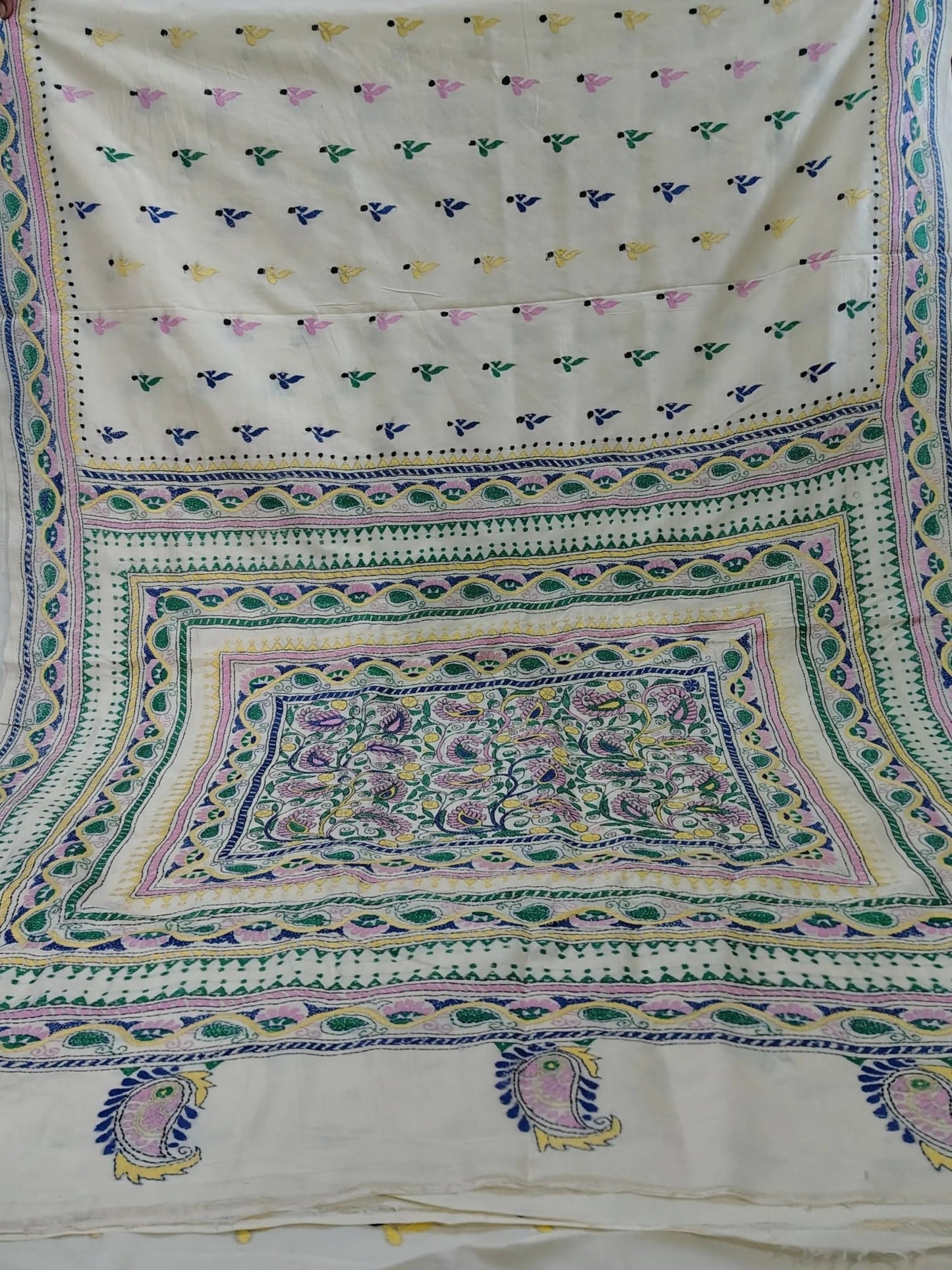 White Semi Tussar Silk Kantha - Stitch Saree with Blouse Piece - Kantha.store