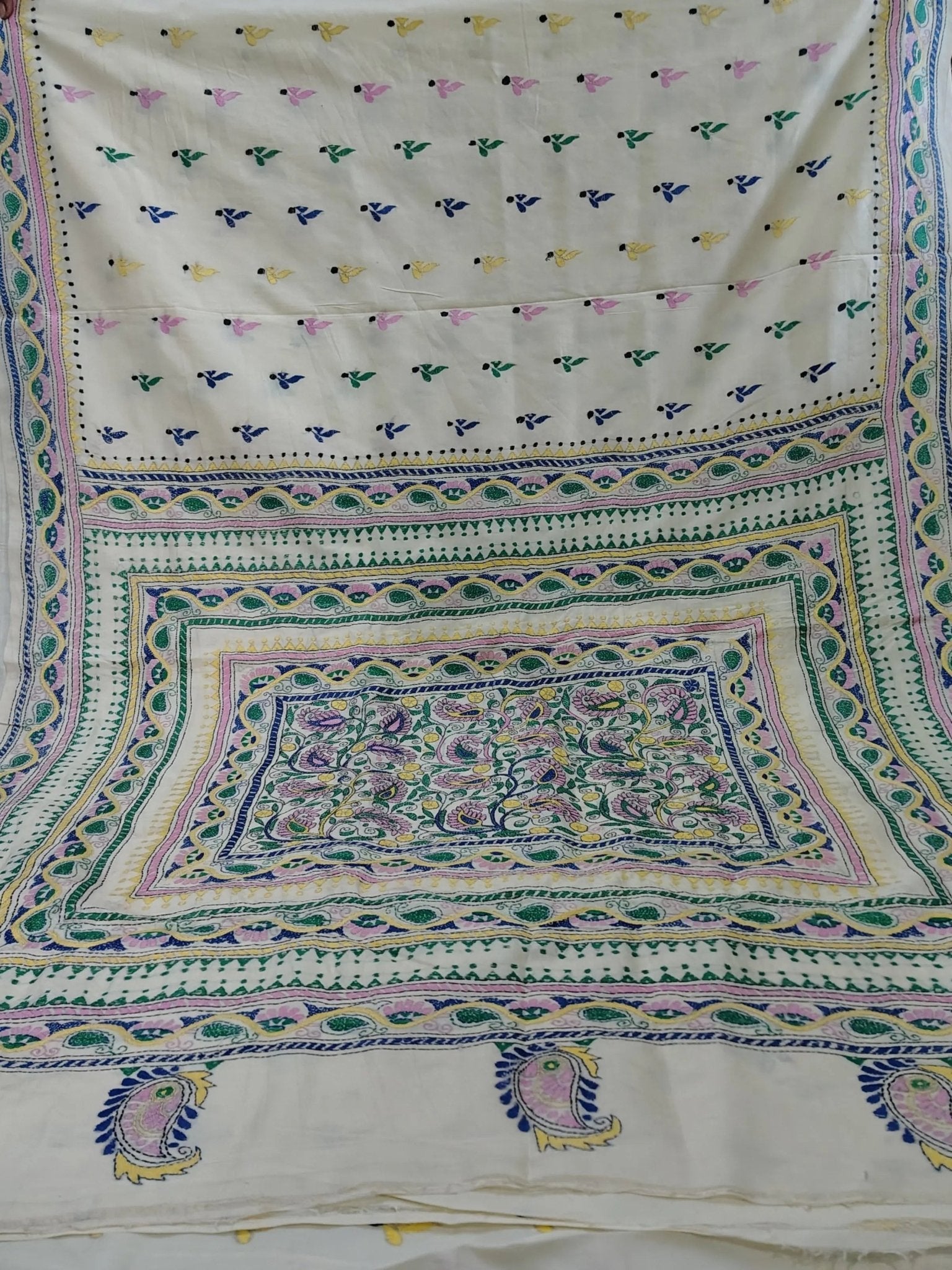 White Semi Tussar Silk Kantha - Stitch Saree with Blouse Piece - Kantha.store