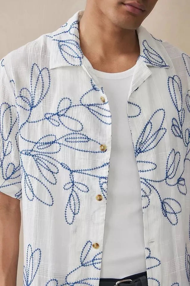 Embroidered Leaf Print Cotton Camp Shirt