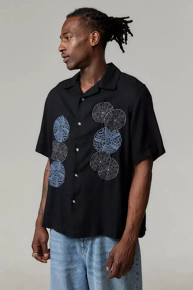 Kantha Embroidered Mandala Patch Black Cotton Camp Shirt