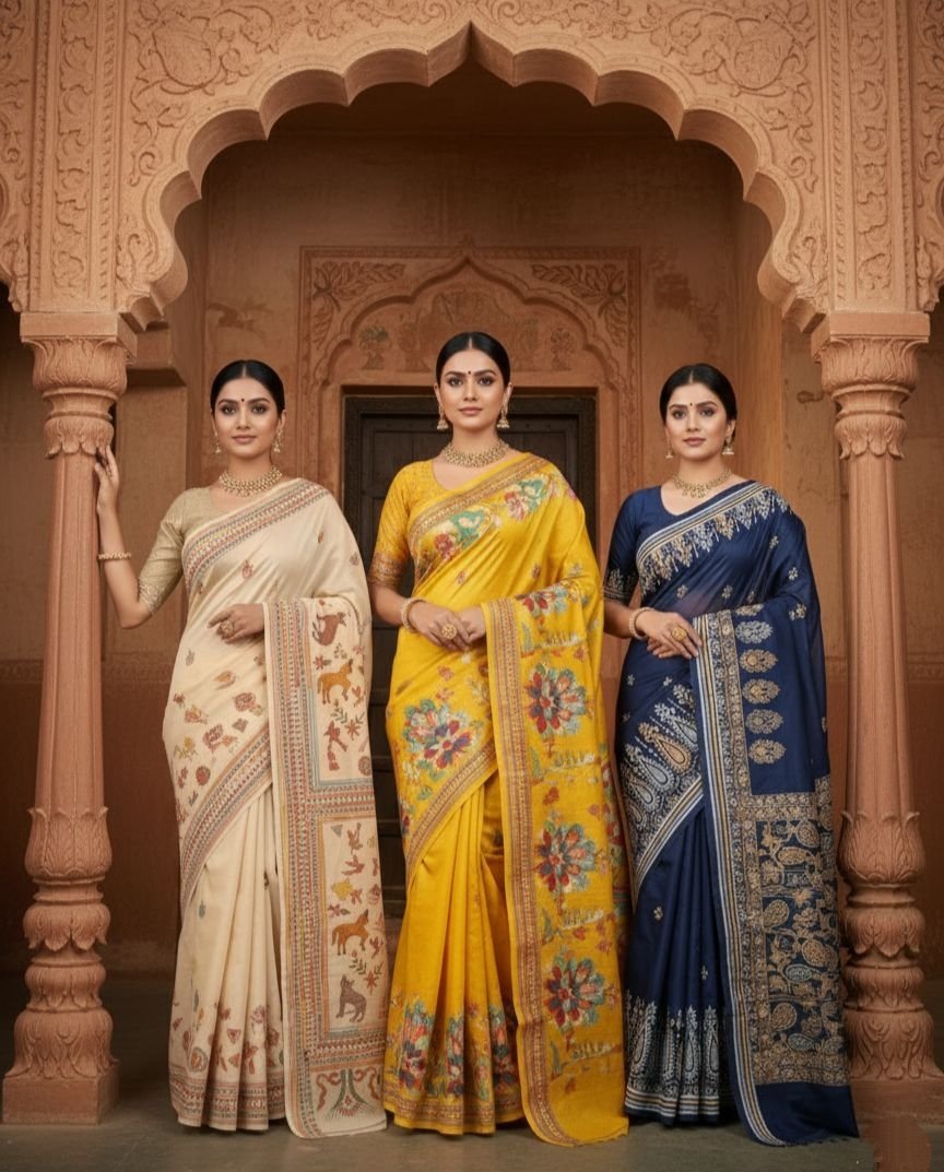 Authentic Kantha Stitch sarees collection featuring beige floral, yellow botanical and blue paisley embroidered silk sarees from Bengal India
