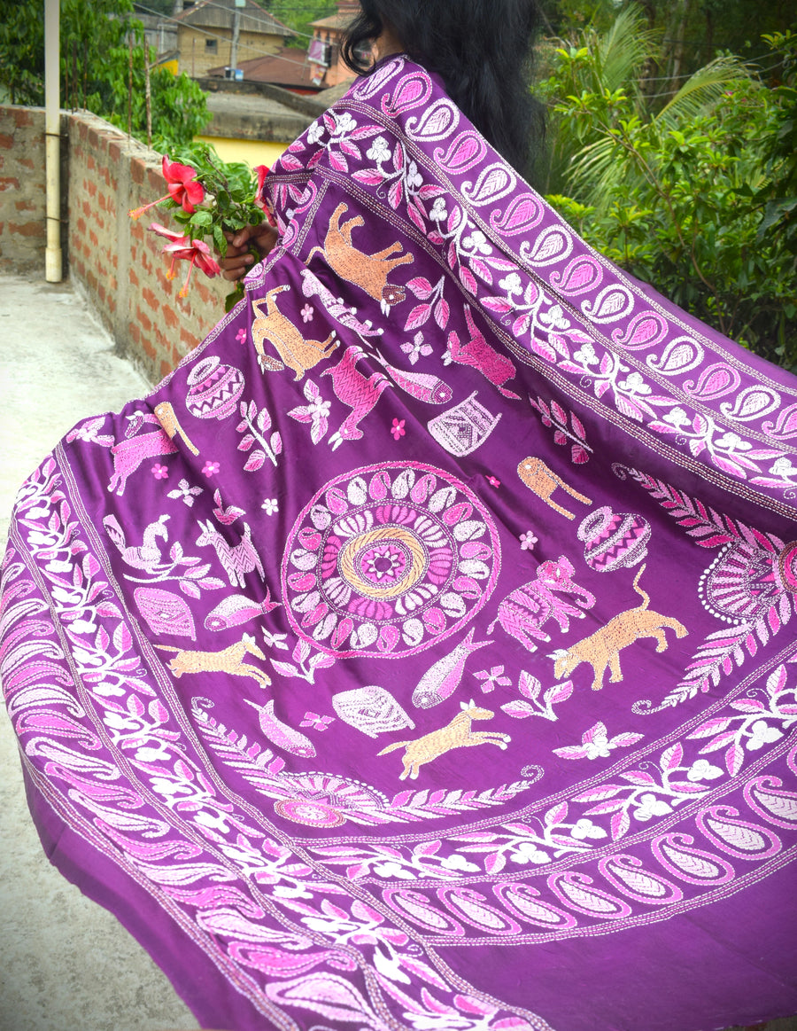 Royal Heritage Pure Silk Kantha Saree | Handmade Santiniketan Kantha