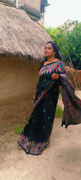 Pure Silk Kantha Saree - Nanoor Geometric Border, Black.