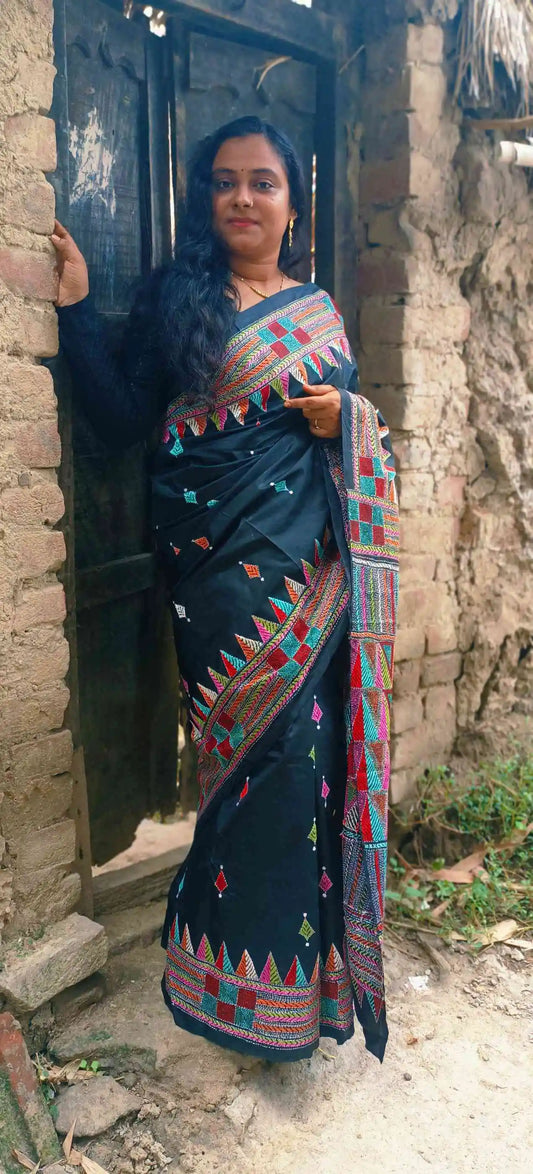 Pure Silk Kantha Saree - Nanoor Geometric Border, Black.