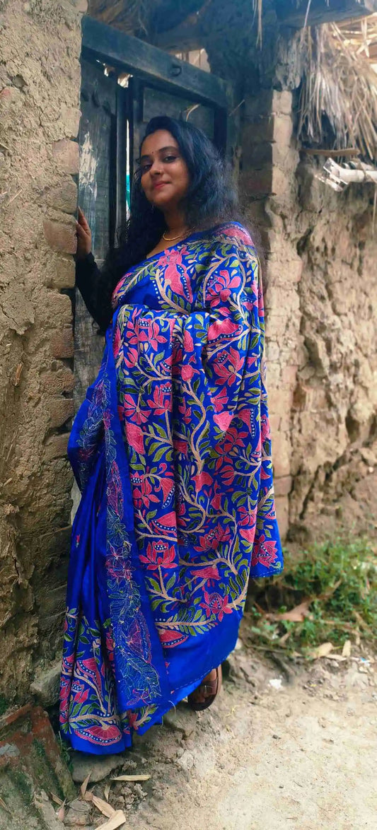 Neelambari Pure Silk Kantha Saree - Royal Blue Floral Embroidery