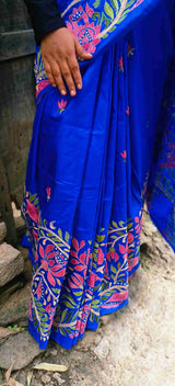 Neelambari Pure Silk Kantha Saree - Royal Blue Floral Embroidery