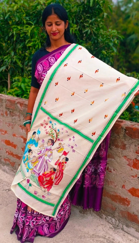 Santiniketan Kantha Stole — Hand-Embroidered Baul Motif on Ivory Cotton