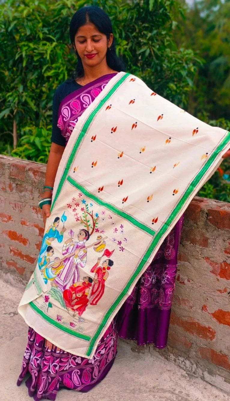 Santiniketan Kantha Stole — Hand-Embroidered Baul Motif on Ivory Cotton