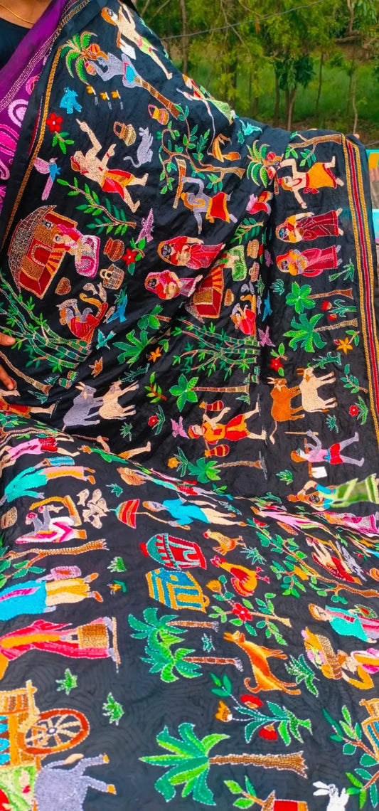 Kantha Dupatta — Hand-Embroidered Bengal Village-Life Motif on Black Silk