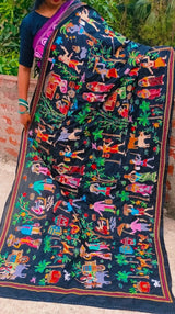 Kantha Dupatta — Hand-Embroidered Bengal Village-Life Motif on Black Silk
