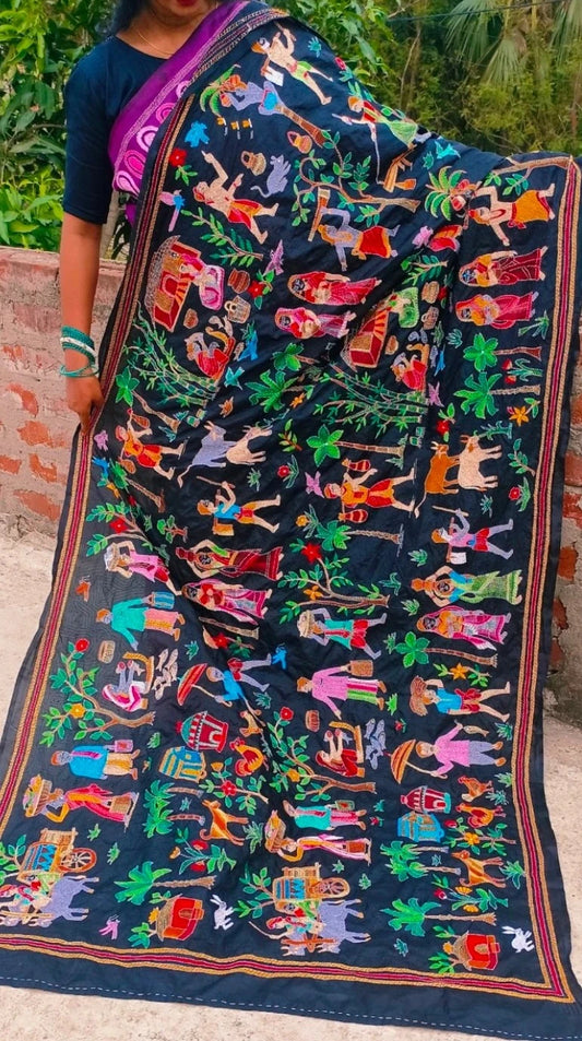 Kantha Dupatta — Hand-Embroidered Bengal Village-Life Motif on Black Silk