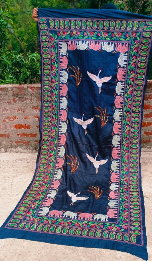 Hand-Embroidered Crane & Elephant Motif on Navy Blue