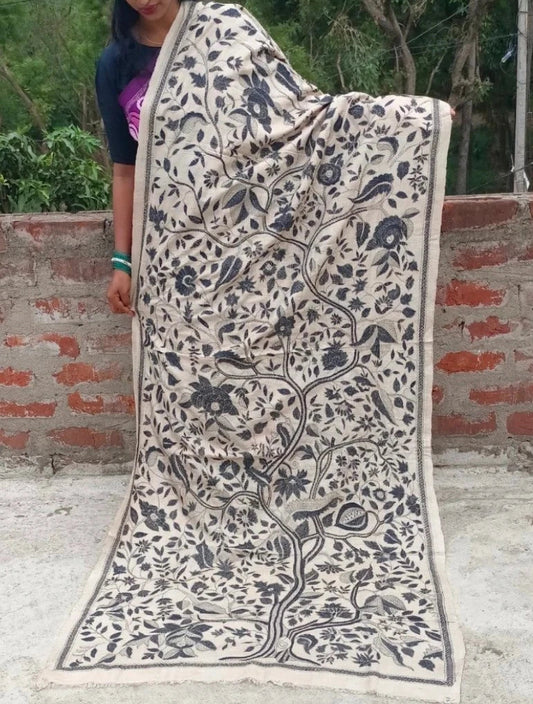 Ivory cotton Kantha stole with all-over grey tree of life hand embroidery