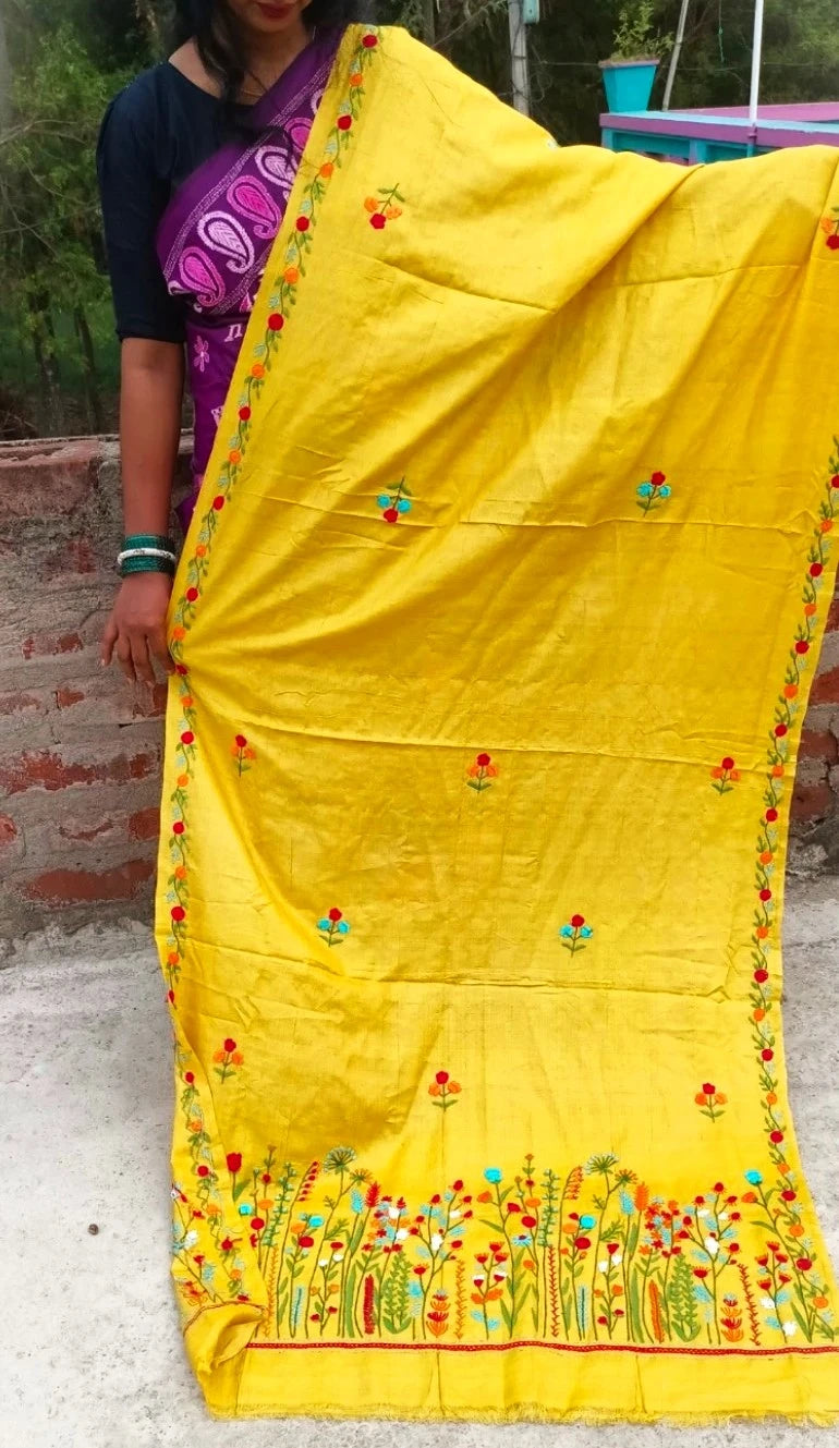 Hand-Embroidered Floral Meadow Motif on Mustard Yellow Stole