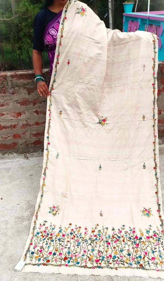 Hand-Embroidered Floral Meadow Motif on Mustard Yellow Stole
