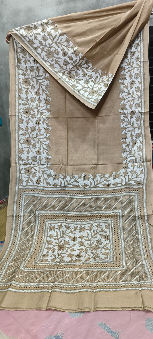 Bengali Kantha Embroidery Pure Gachi Tussar Silk Saree - Beige & White Floral Vine