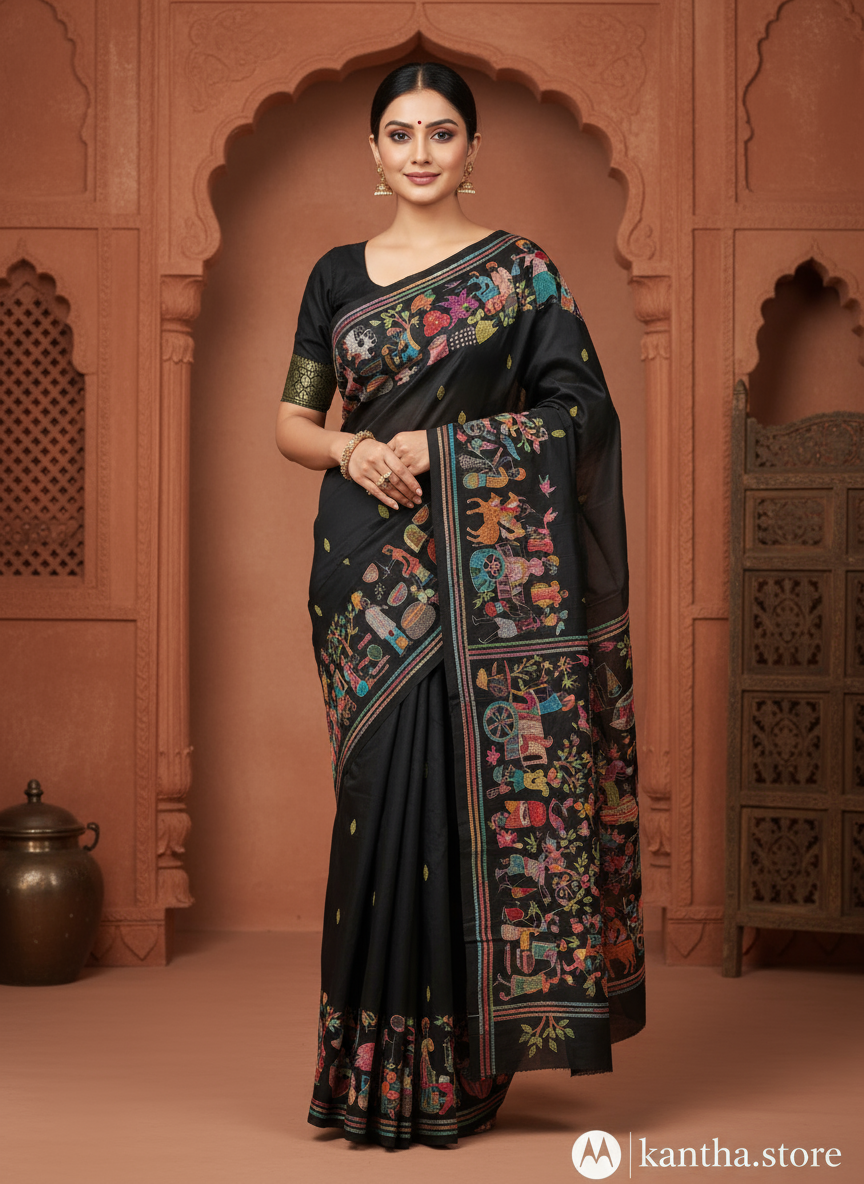 Handcrafted Bangalore silk kantha stitch saree with traditional Bengali embroidery by woman artisan