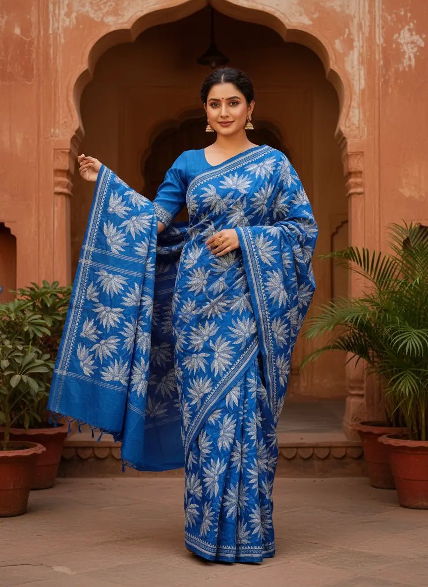 Bangalore Silk Blue Kantha - Stitch Saree - Kantha.store