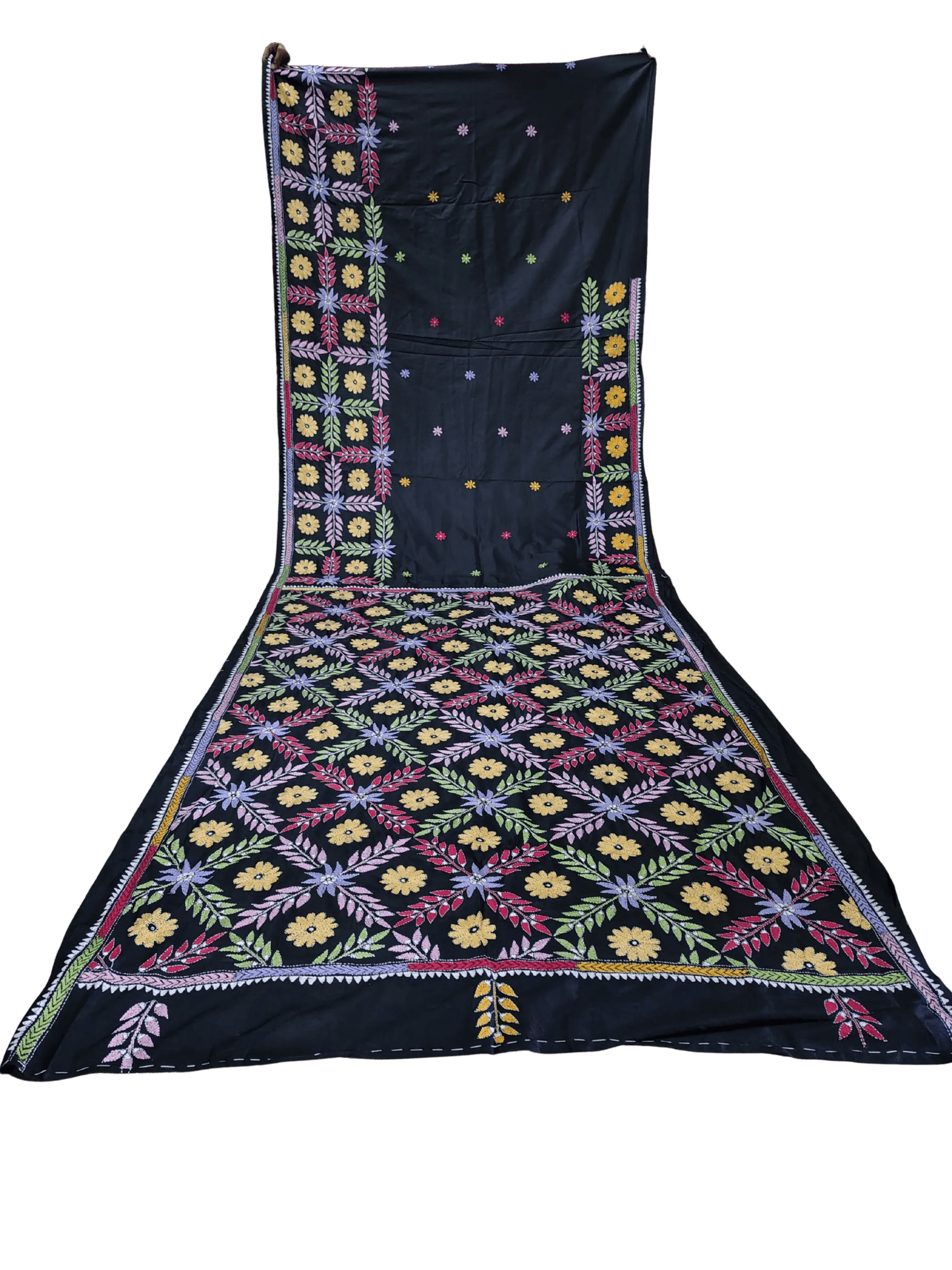 Bangalore Silk Handcrafted Black Kantha - Stitch Saree - Kantha.store