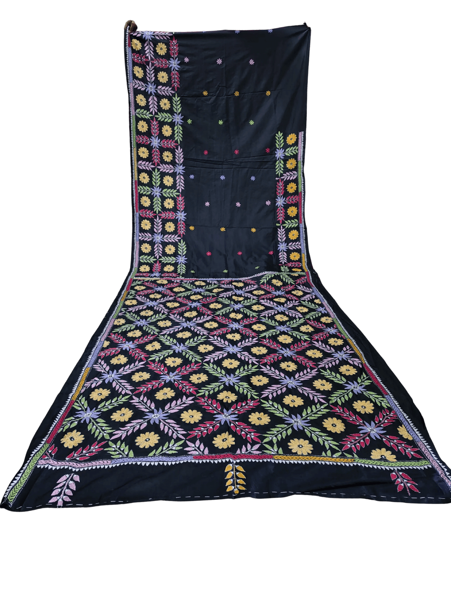 Bangalore Silk Handcrafted Black Kantha - Stitch Saree - Kantha.store