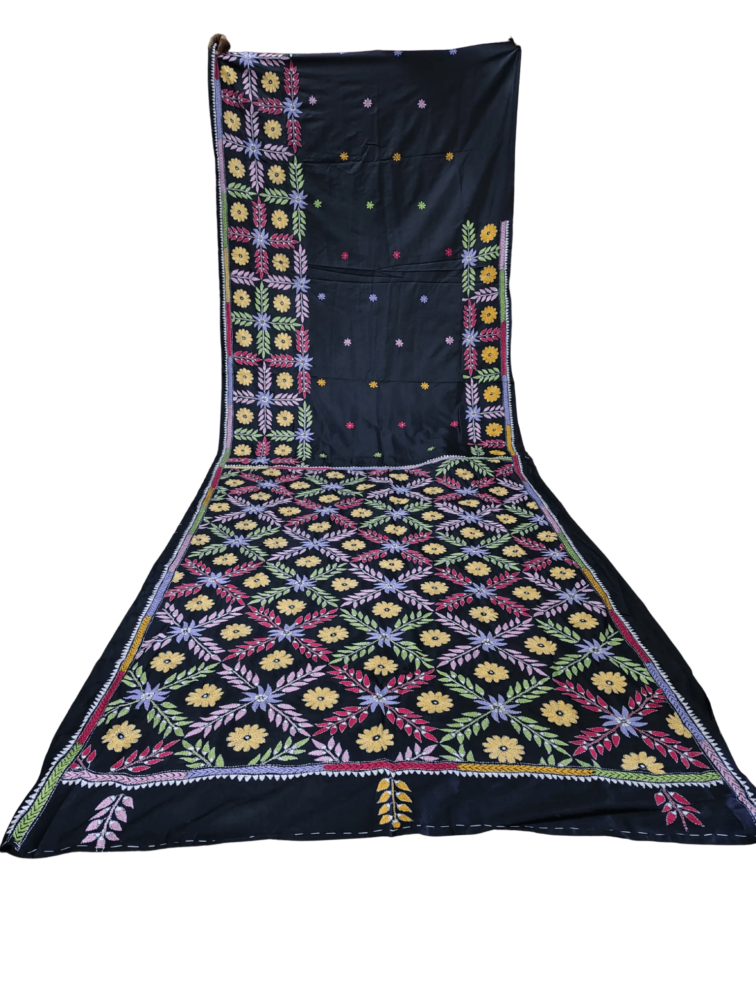 Bangalore Silk Handcrafted Black Kantha - Stitch Saree - Kantha.store