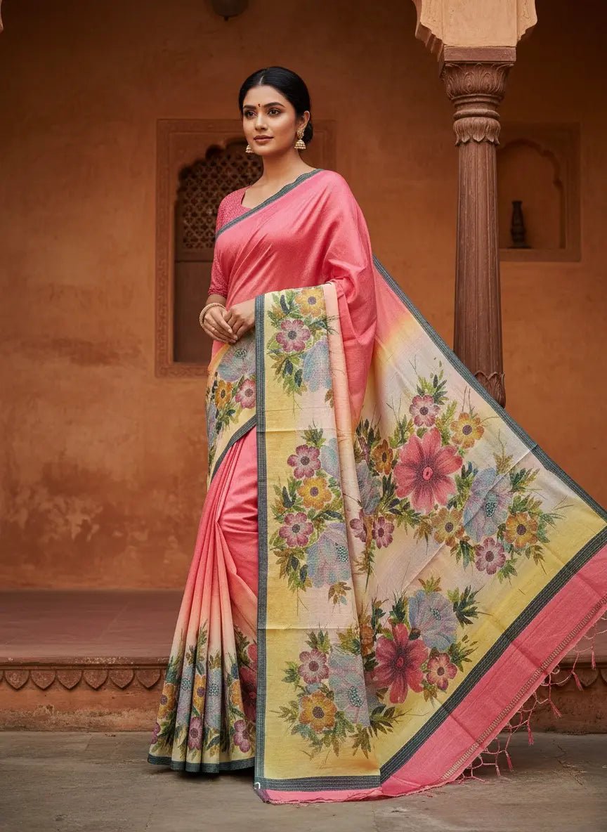Bishnupuri Silk Handcrafted Pink Floral Saree with Blouse Piece - Kantha.store