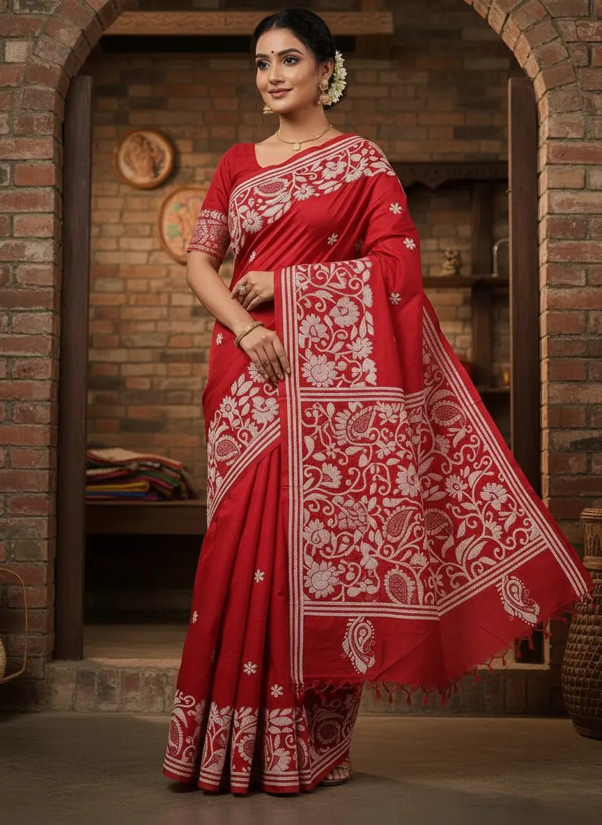 Blended Silk Kantha Stitch Red White Floral Saree - Kantha.store