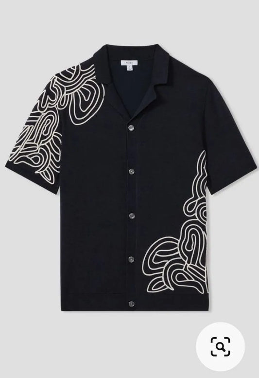Contour Line Embroidery Black Cotton Kantha Camp Shirt