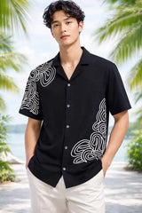 Contour Line Embroidery Black Cotton Kantha Camp Shirt