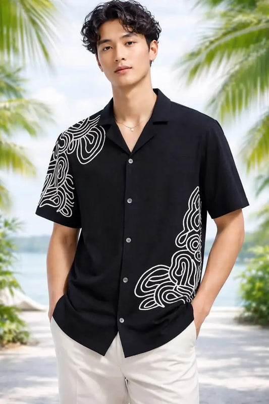 Contour Line Embroidery Black Cotton Kantha Camp Shirt