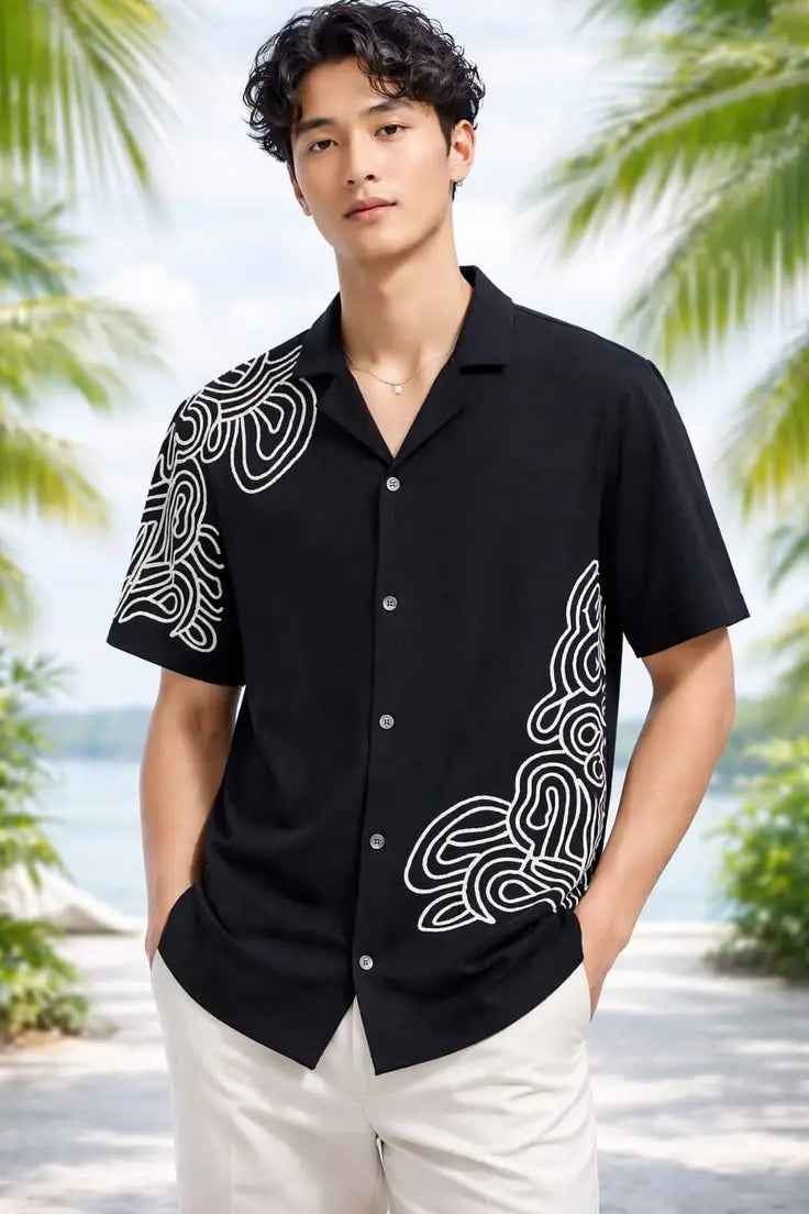 Contour Line Embroidery Black Cotton Kantha Camp Shirt