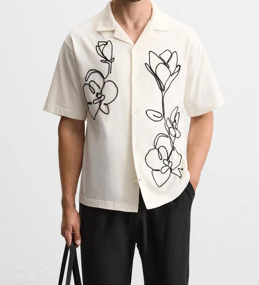 Orchid Line Embroidery Cotton Kantha Camp Shirt