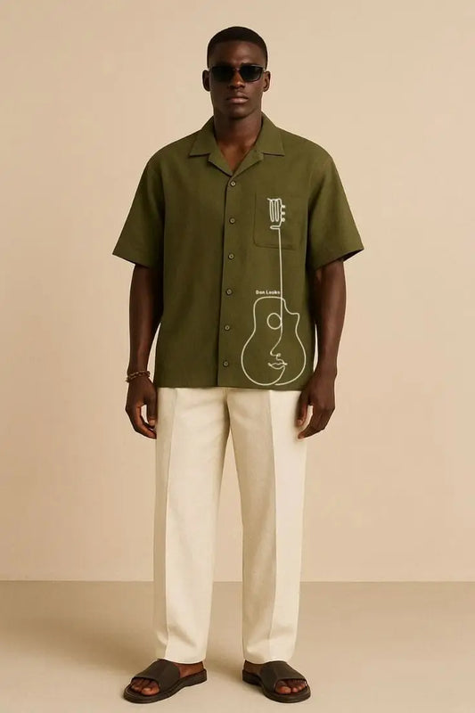 Guitar Line Embroidery Olive Cotton Kantha Camp Shirt