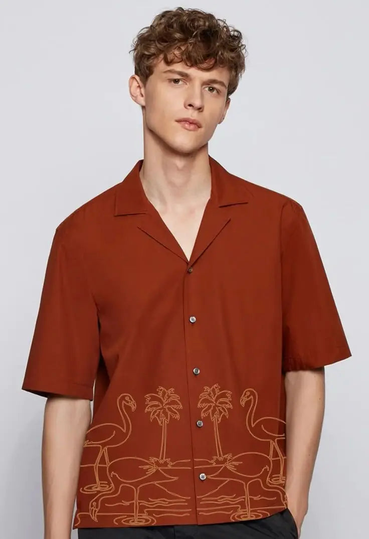 Flamingo Line Embroidery Rust Cotton Kantha Camp Shirt